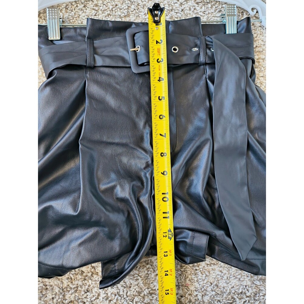 Women's S Black Faux Leather Paperbag Waist High Rise Belted Shorts - Picture 15 of 16